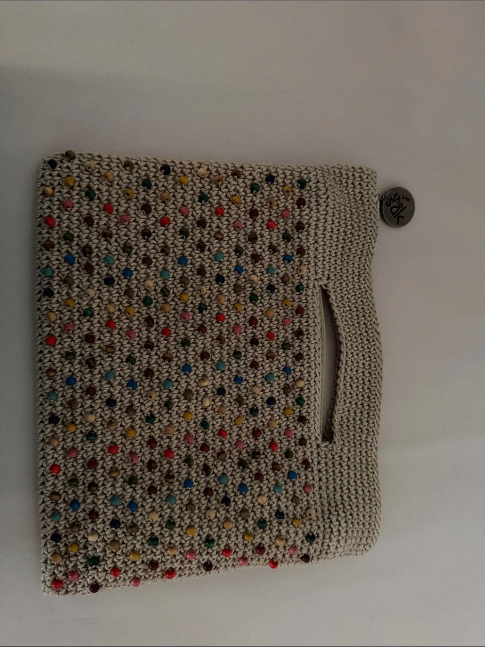 The Sak Cream Crochet Clutch with Multicolor Studs